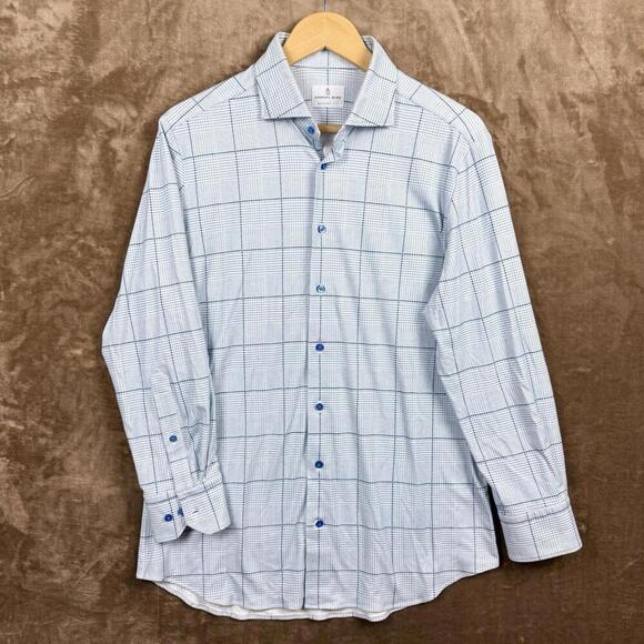 Emanuel Berg Modern Fit Checkered Dress Shirt Men M/L Blue White Stretch Soft - Picture 1 of 13